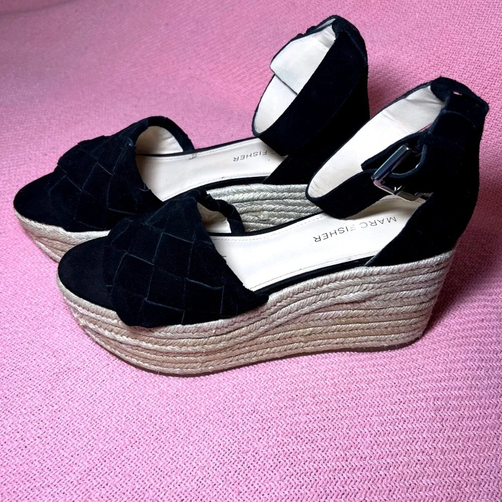 Marc Fisher Vixta Black Suede Woven Espadrille Wedge Sandals 8.5M